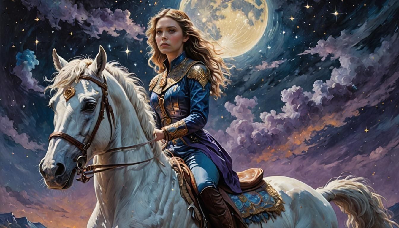 Woman Riding Horse on Moon as Oil Painting