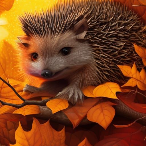 Adorable Hedgehog in Autumn Leaves, Photorealistic Fantasy A...