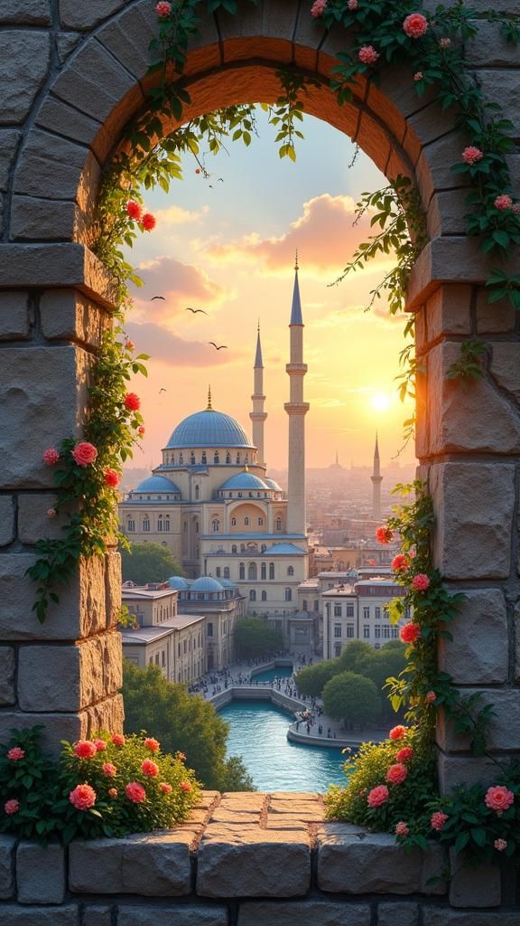 Old Stone Window Overlooking Cityscape at Sunset