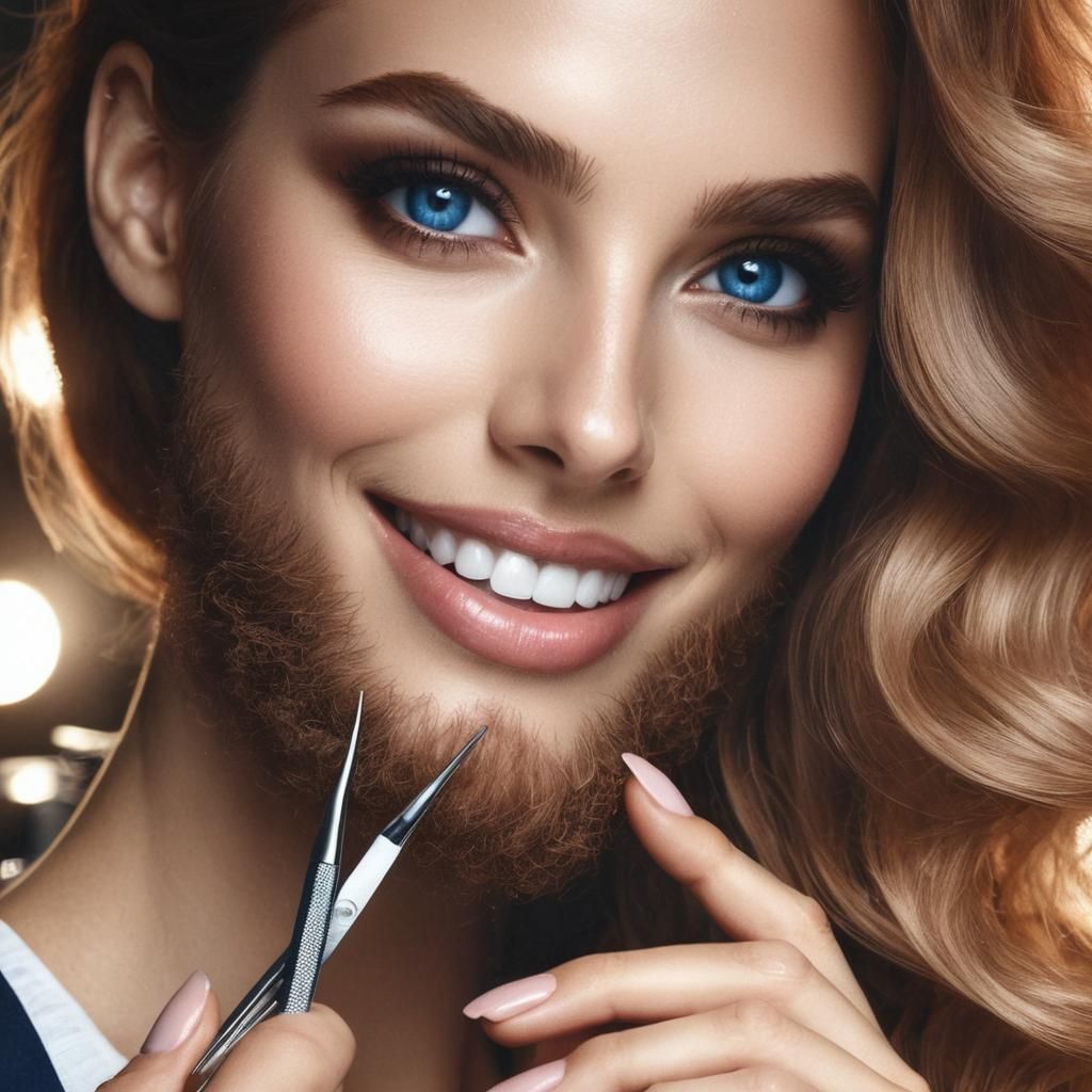 Smiling Woman with Beard in Beauty Salon