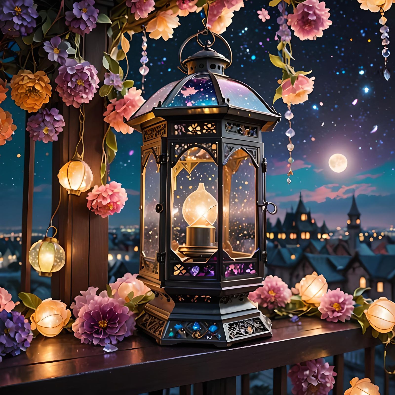 Crystal Lantern on Balcony Under Starry Sky