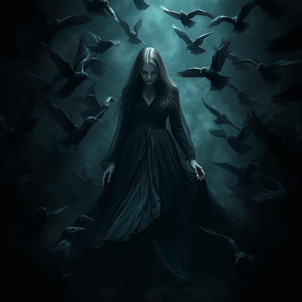 Mysterious Woman Surrounded by Crows in Dark Fantasy Style
