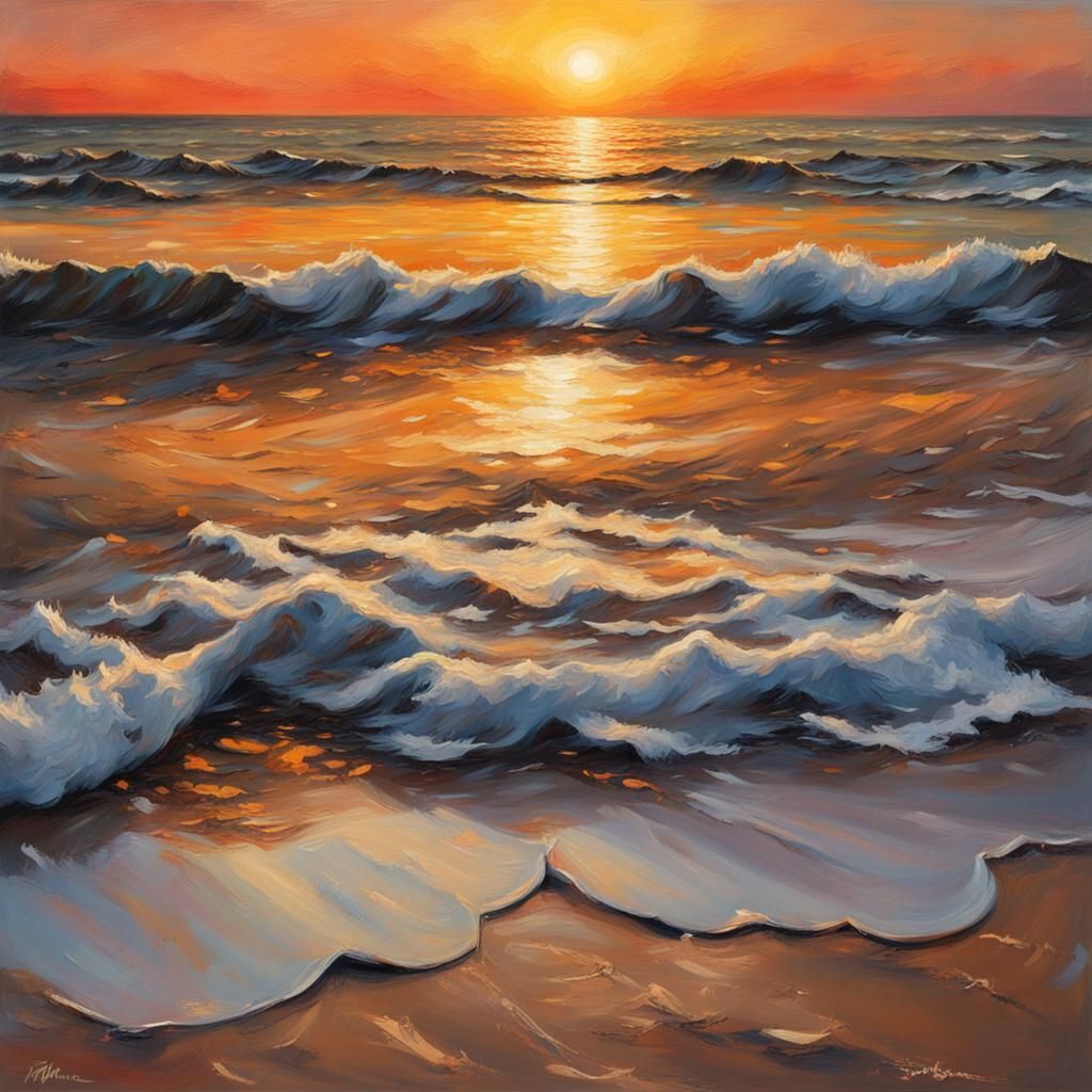 Beach Sunset: Hyperrealistic Impressionist Oil Painting