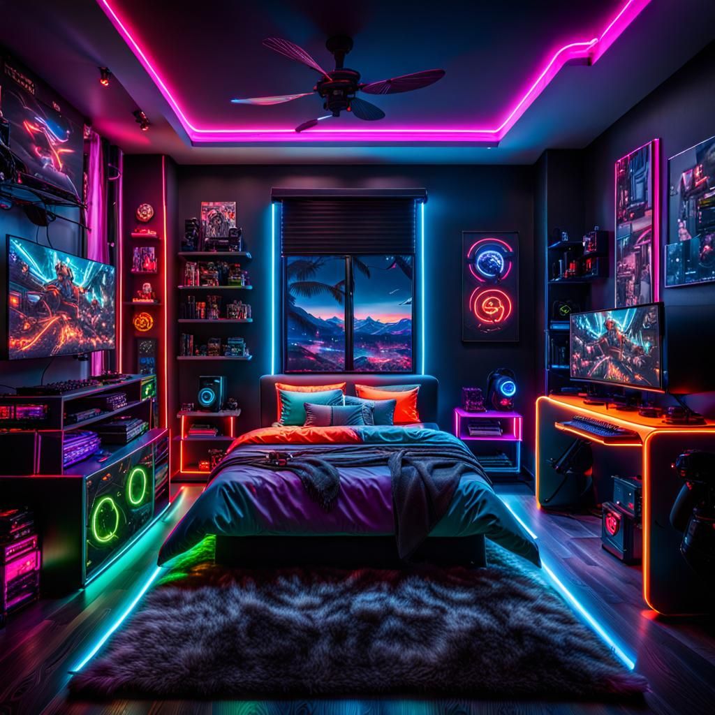 Hyperrealistic Gaming Bedroom in Neon Colors
