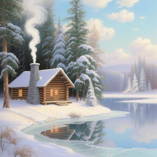 Cozy Log Cabin in Snowy Evergreen Forest