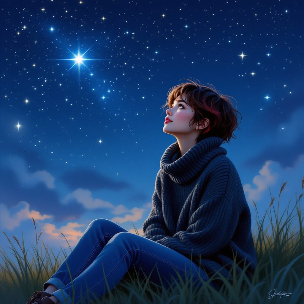 Woman Gazes At Starry Night Sky in Magical Realism Style