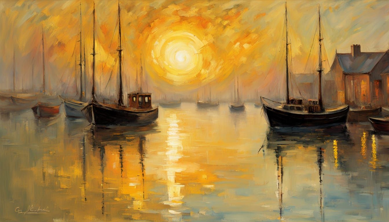 Impressionist Wharfscape at Twilight in Mixed Media