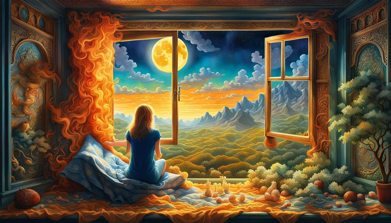 Woman Gazing at Nature Through Sun and Moon Window