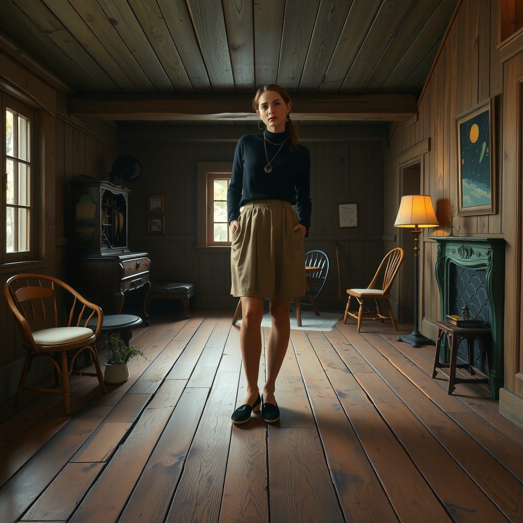 Woman on Holzfussboden in Photorealistic Digital Art