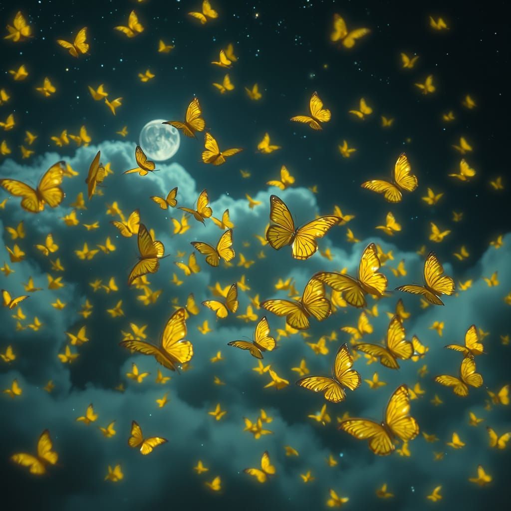Iridescent Butterflies Dance Against the Dreamy Night Sky