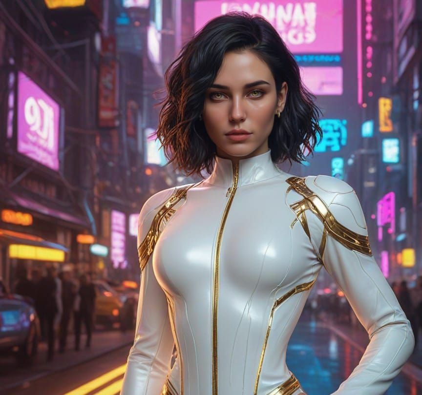 Dark Haired Cyberpunk Goddess in Neon Triadic Colors