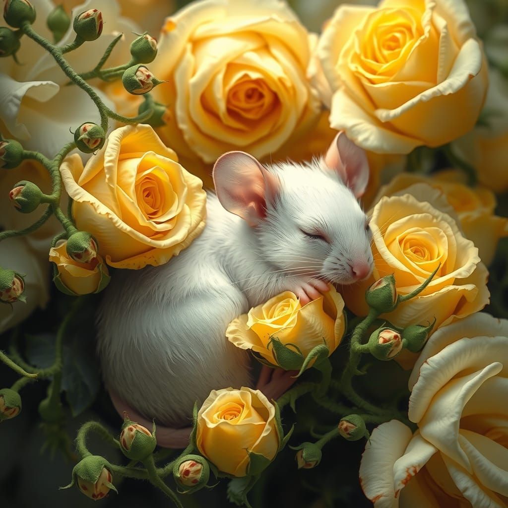 Mouse Sleeping in Bed of Roses, Art Nouveau Style