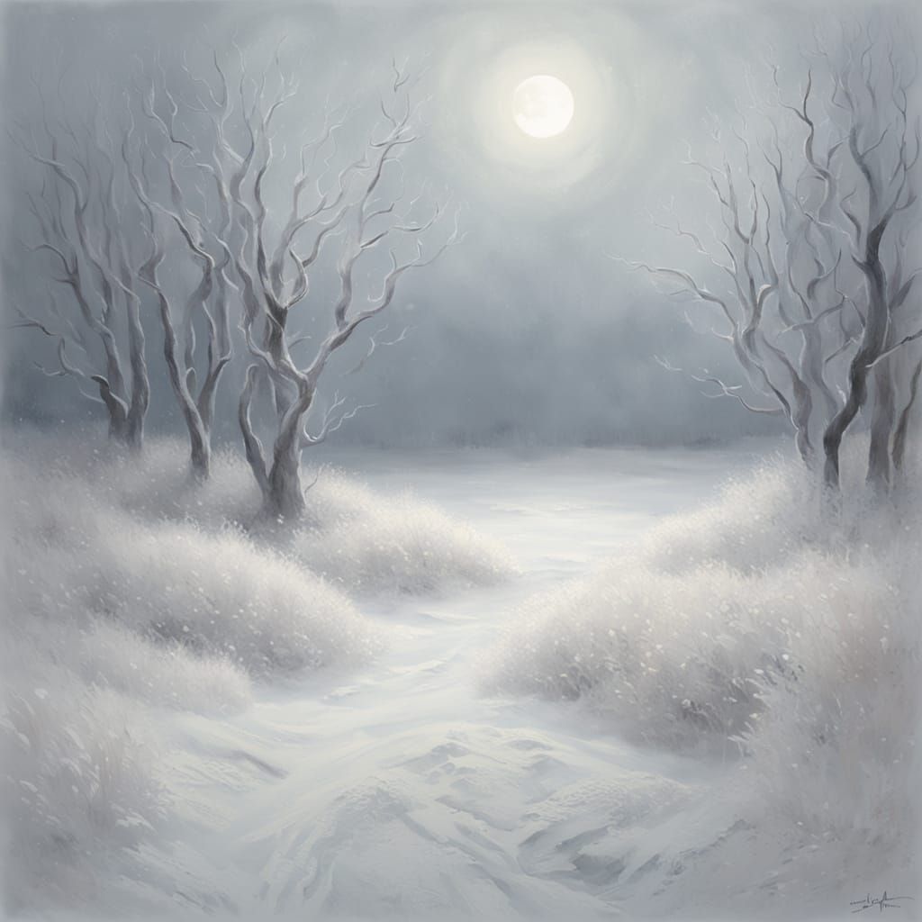 Ghostly Snowfox in Moonlit Foggy Plains