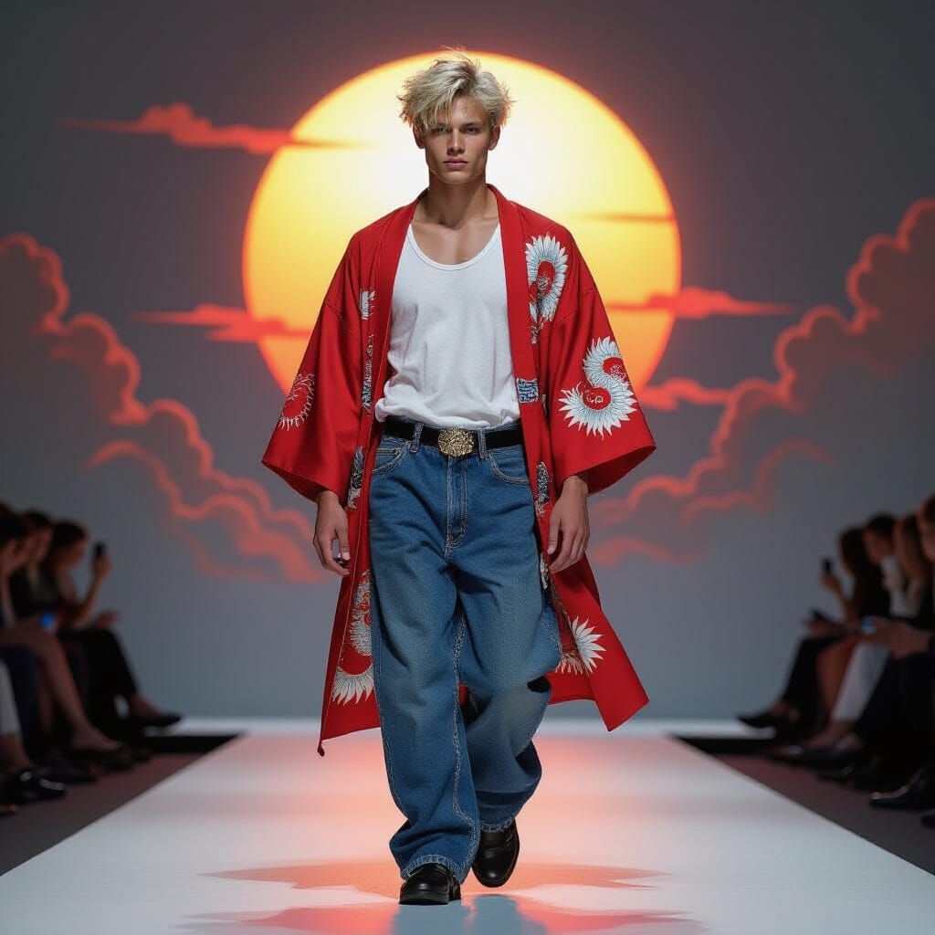 Man in Kimono on Runway in Hyperrealistic Style