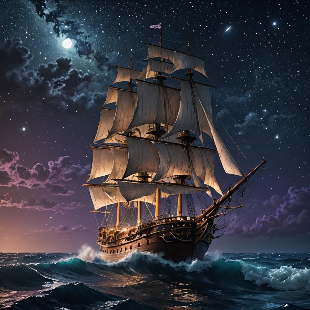 Gallion Under Starry Skies: Hyper-Realistic Digital Art