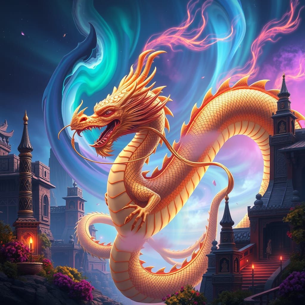 Majestic Gold Dragon in Mystic Aurora