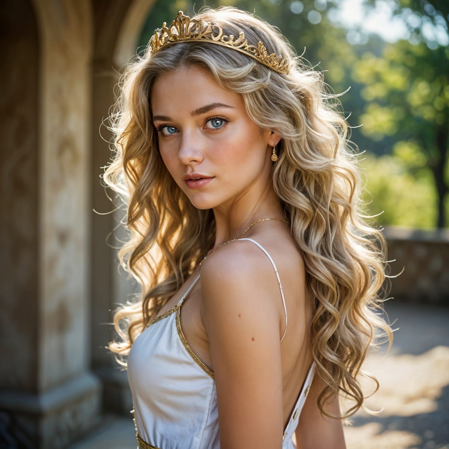 Beautiful Princess in White Linen Dress, Golden Tiara