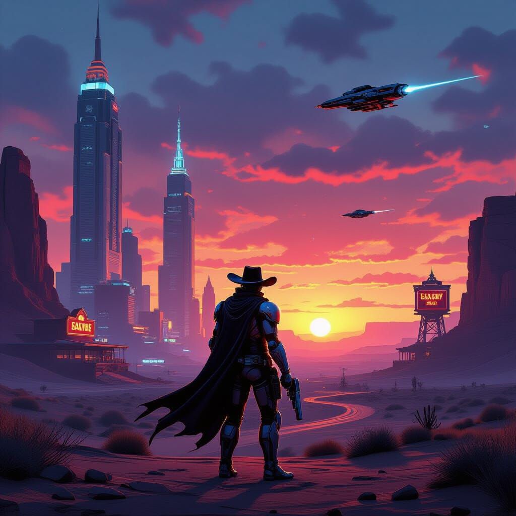 Cyborg Cowboy in Futuristic Western Landscape