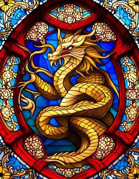 Stained Glass Dragon Window in Gothic Style