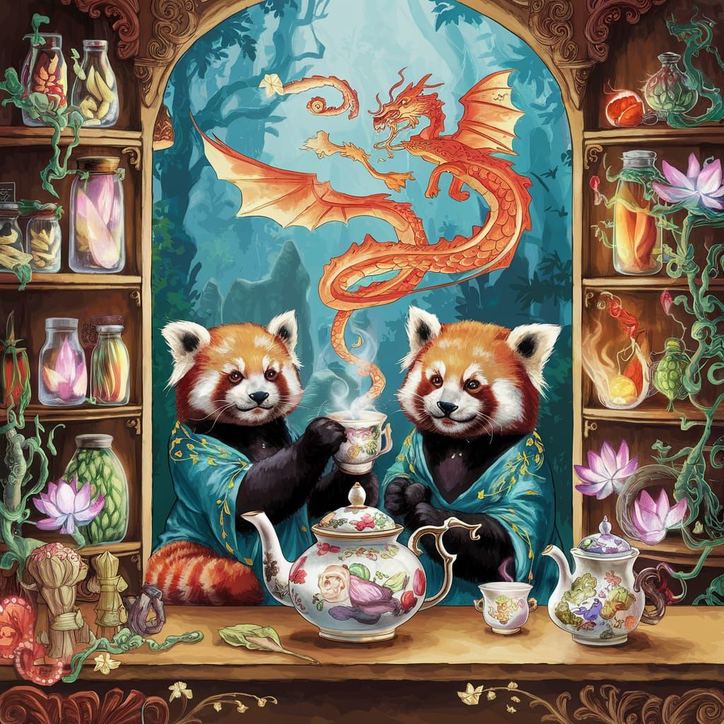 Red Pandas Brewing Enchanted Teas in Misty Forest