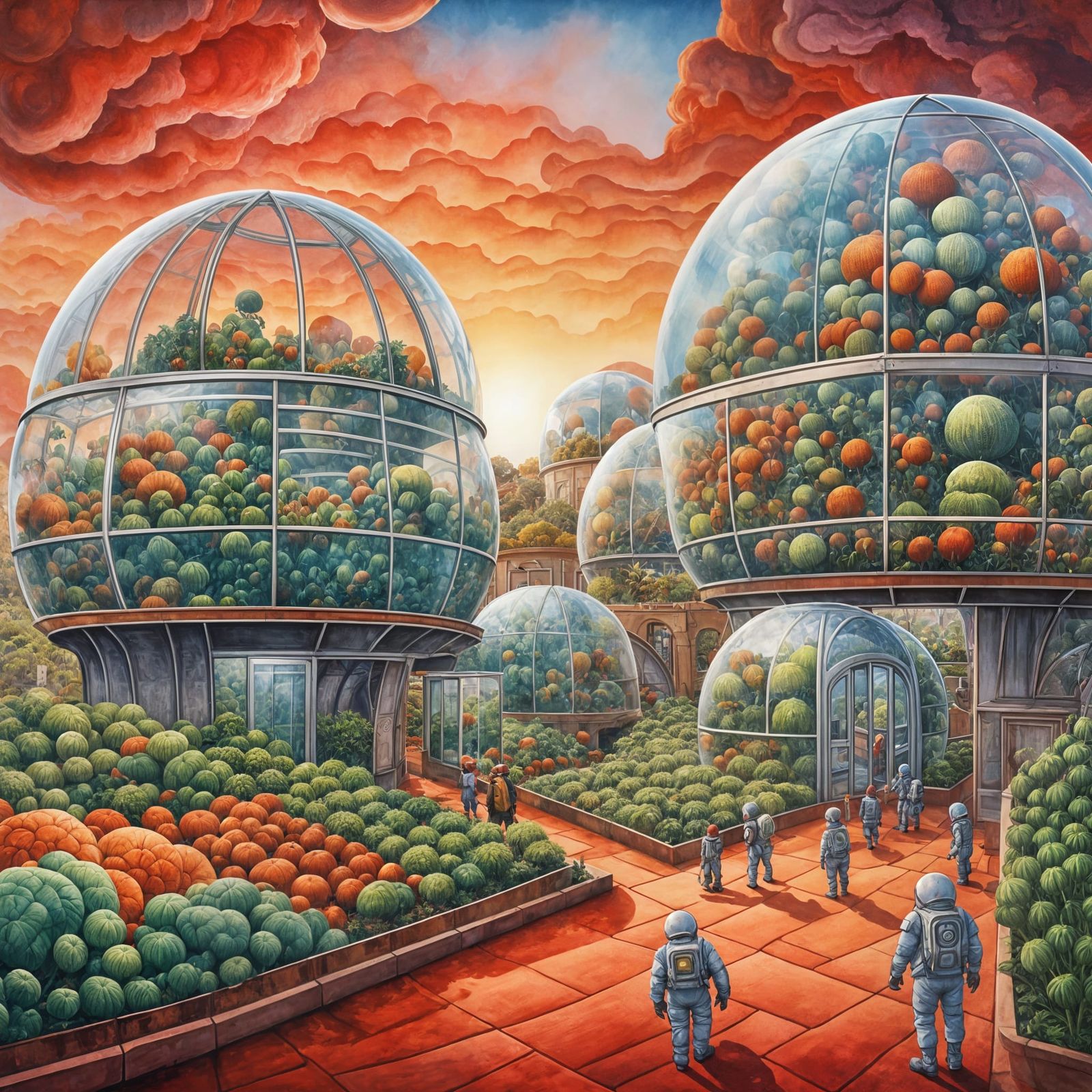 Martian Colony Life in Aquarelle Style