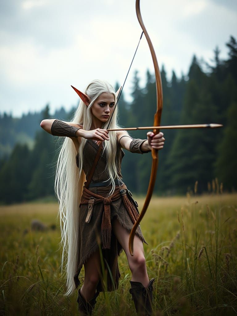 Elf Archer in Meadow: Cinematic Film Still