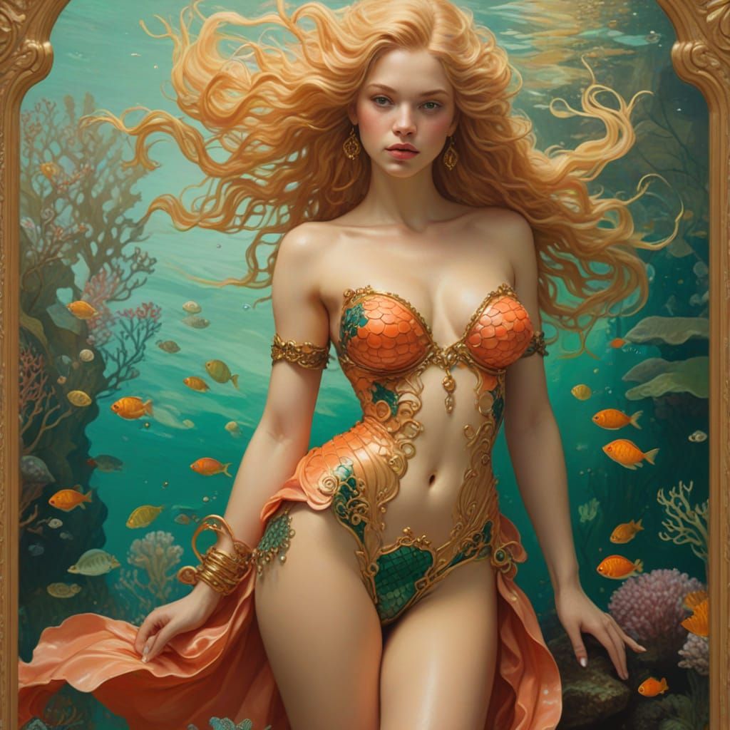 Baroque Mermaid Goddess in Coral Reef Oil Painting