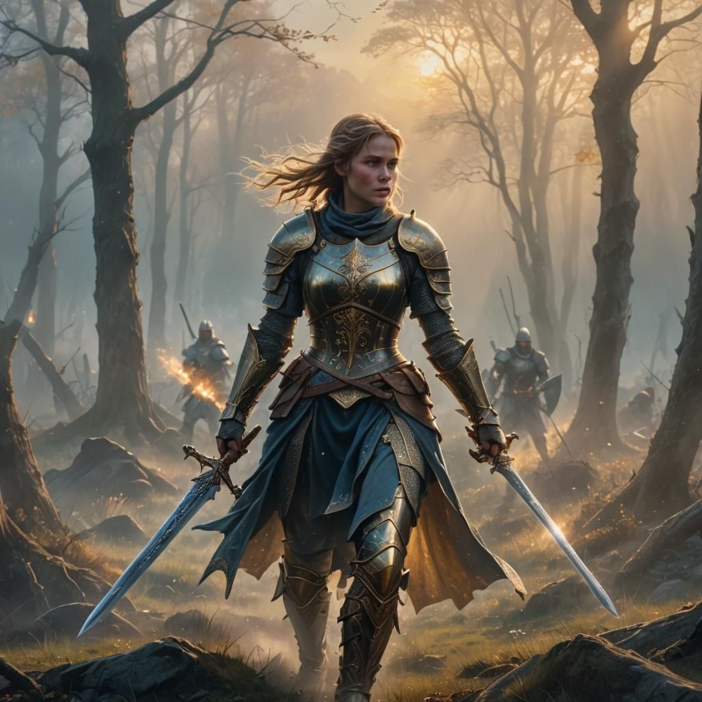 Medieval Warrior Woman in Misty Battlefield