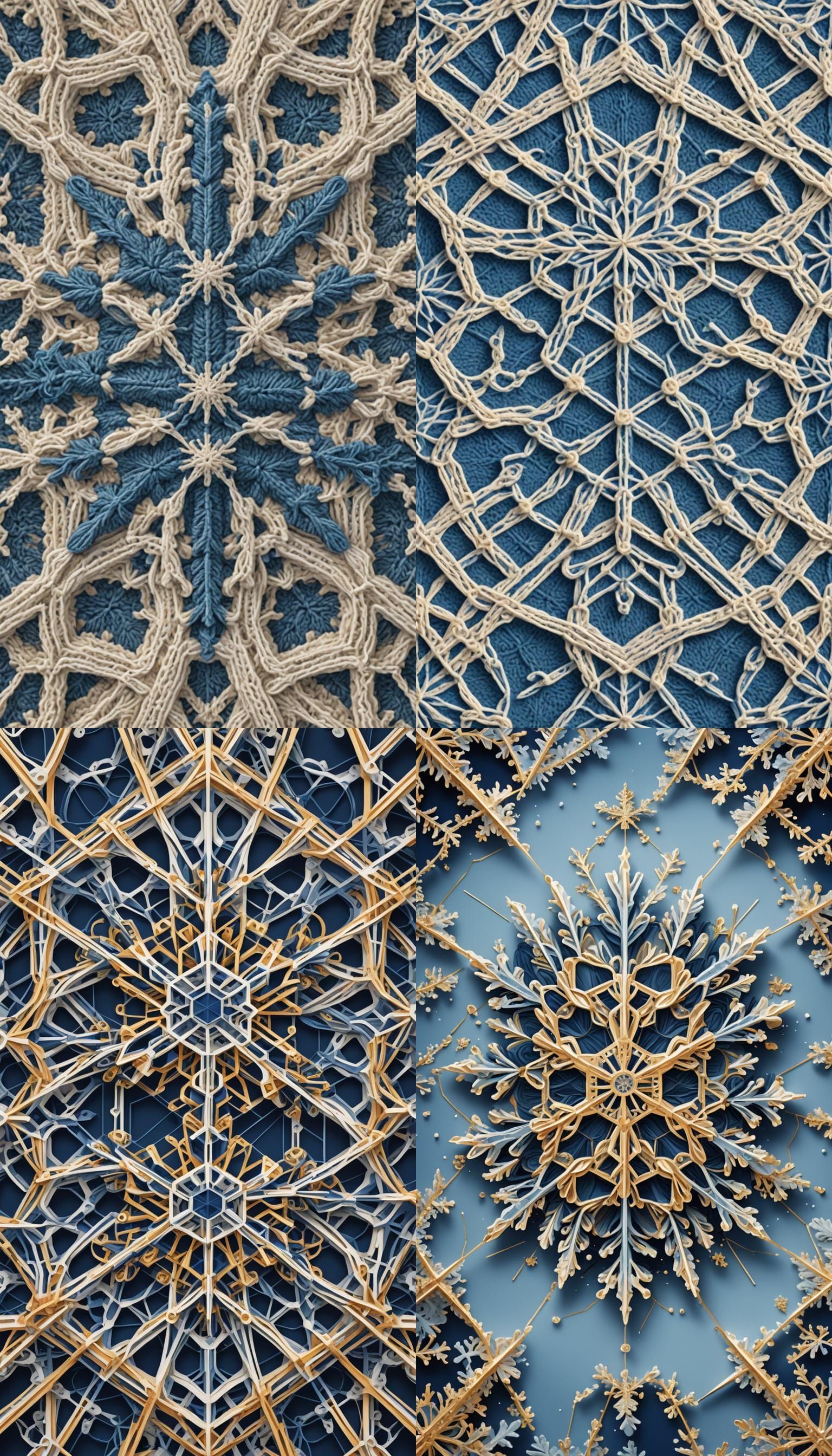 Blue and White Knitted Snowflake in Geometric Bauhaus Style