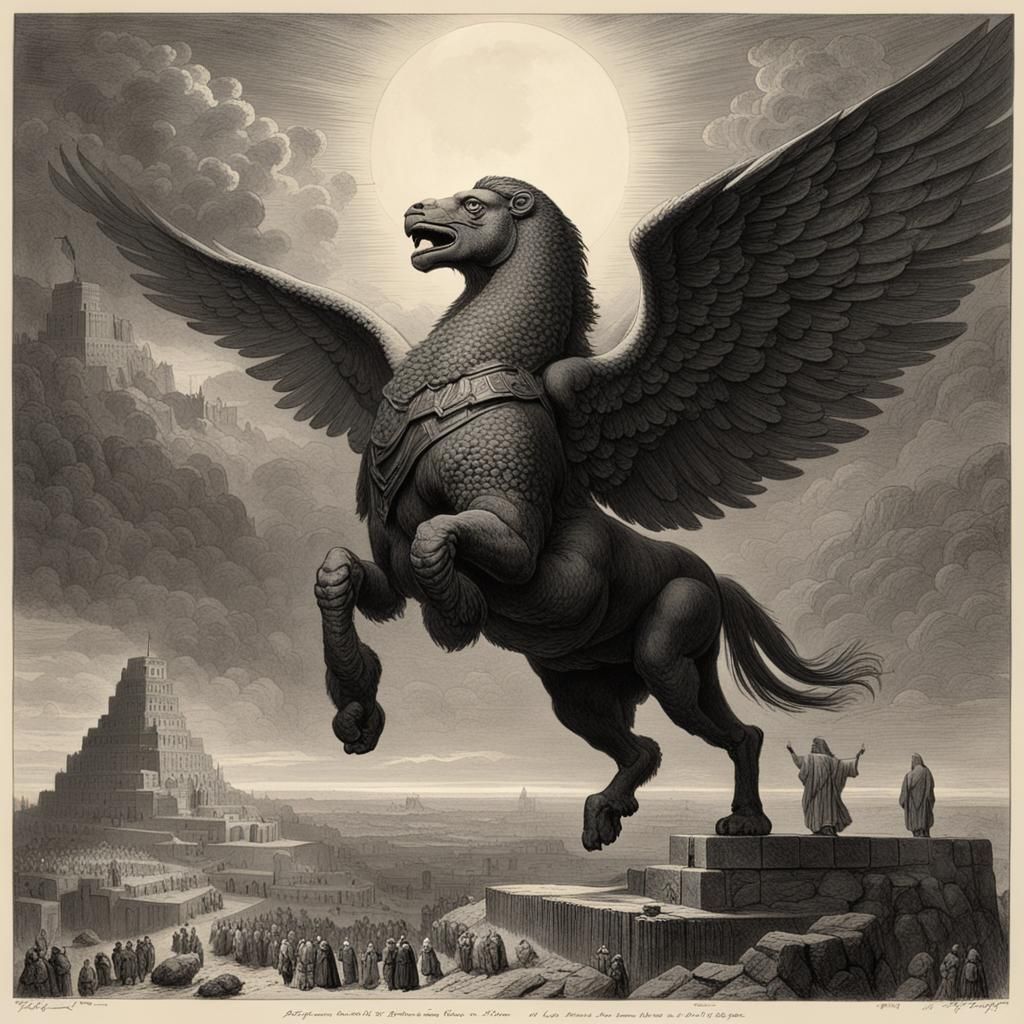 Lamassu in Flight: Gothic Horror Scene