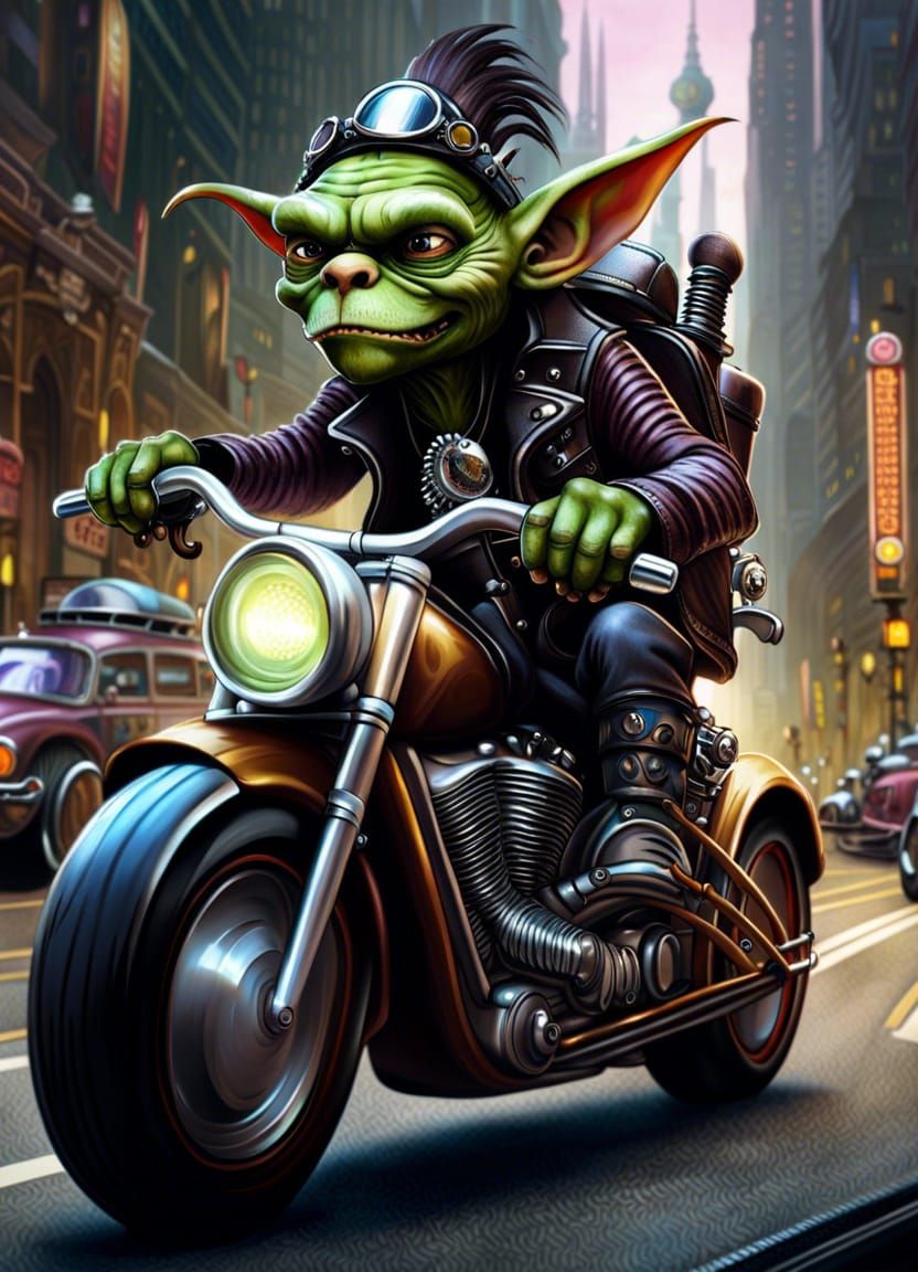 Goblin Hipster on Motorcycle in Fantasy Metropolis