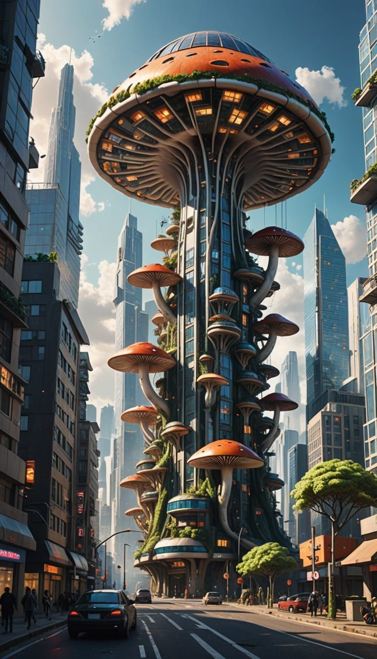 Futuristic Skyscraper Rises from a City in Cosmic Harmony