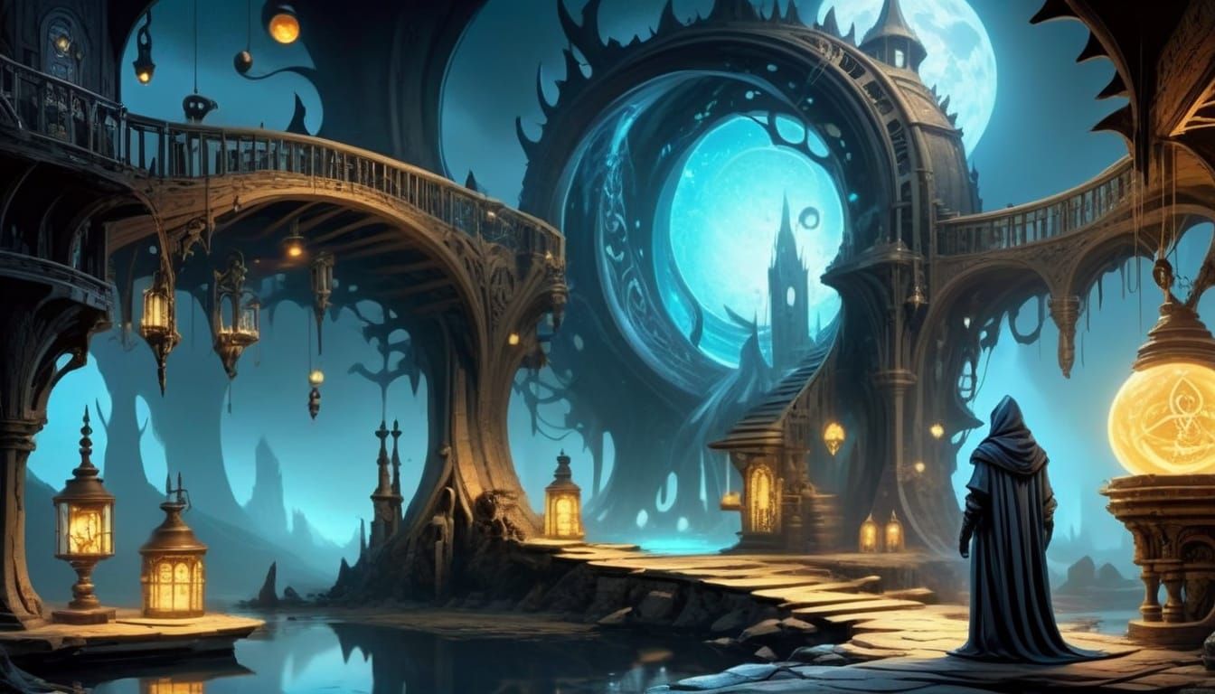 Mystical Alchemist in Ethereal Lab with Floating Equations