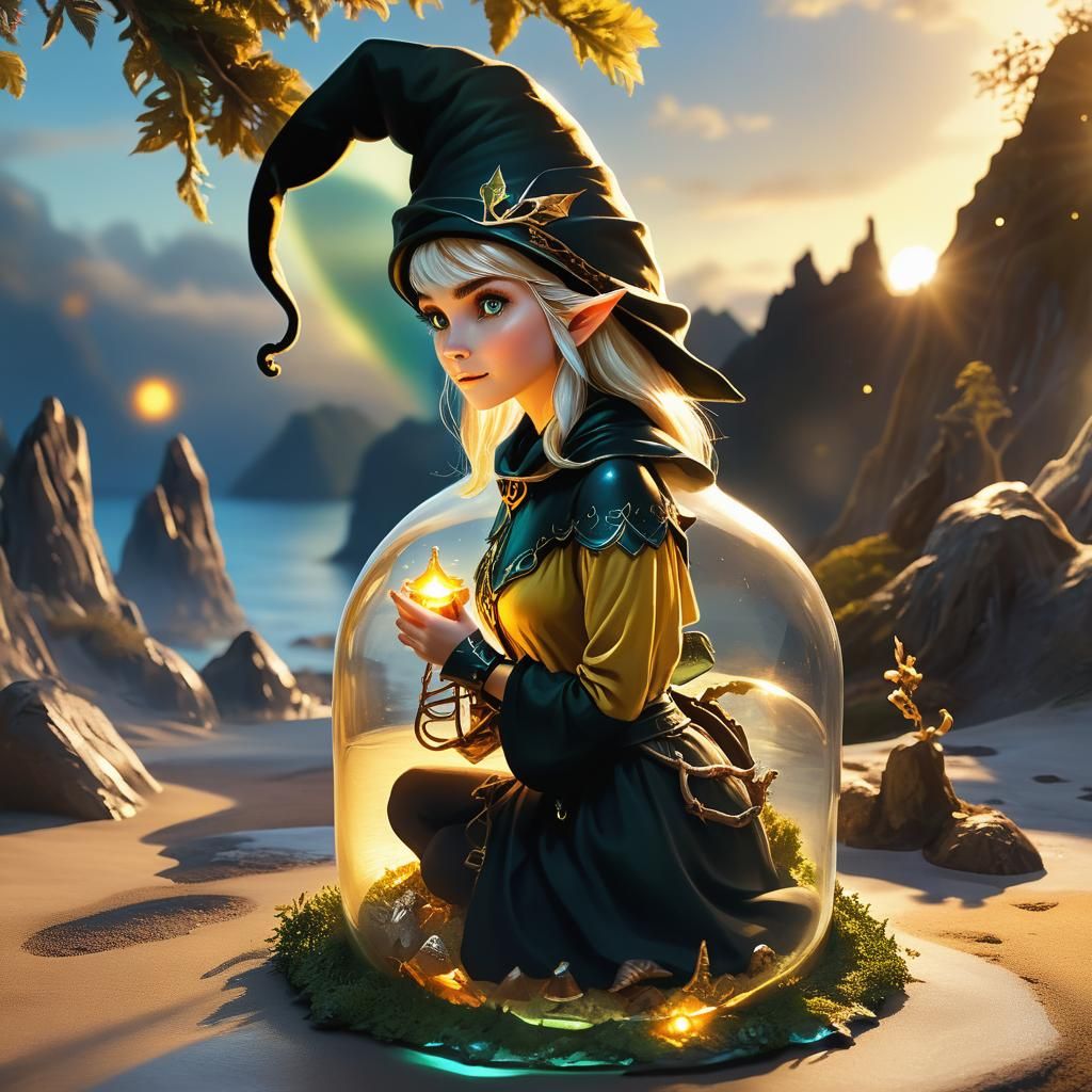 A female elf trapped in a wismsical world, with an expression of desire to escape