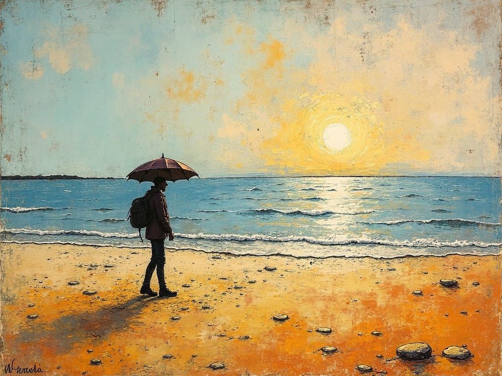 Ethereal Woodcut of a Wanderer on the Wadden Sea Coast