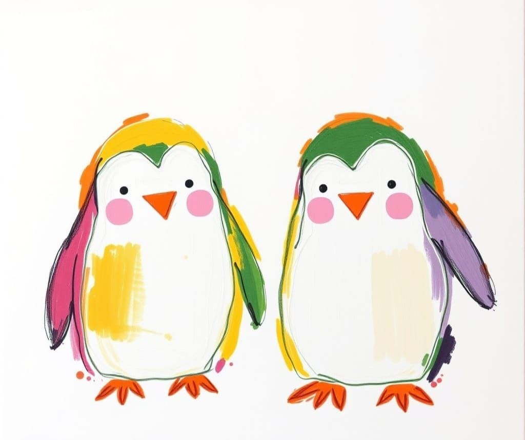 Vibrant Penguin Faces in Whimsical Crayon Textures