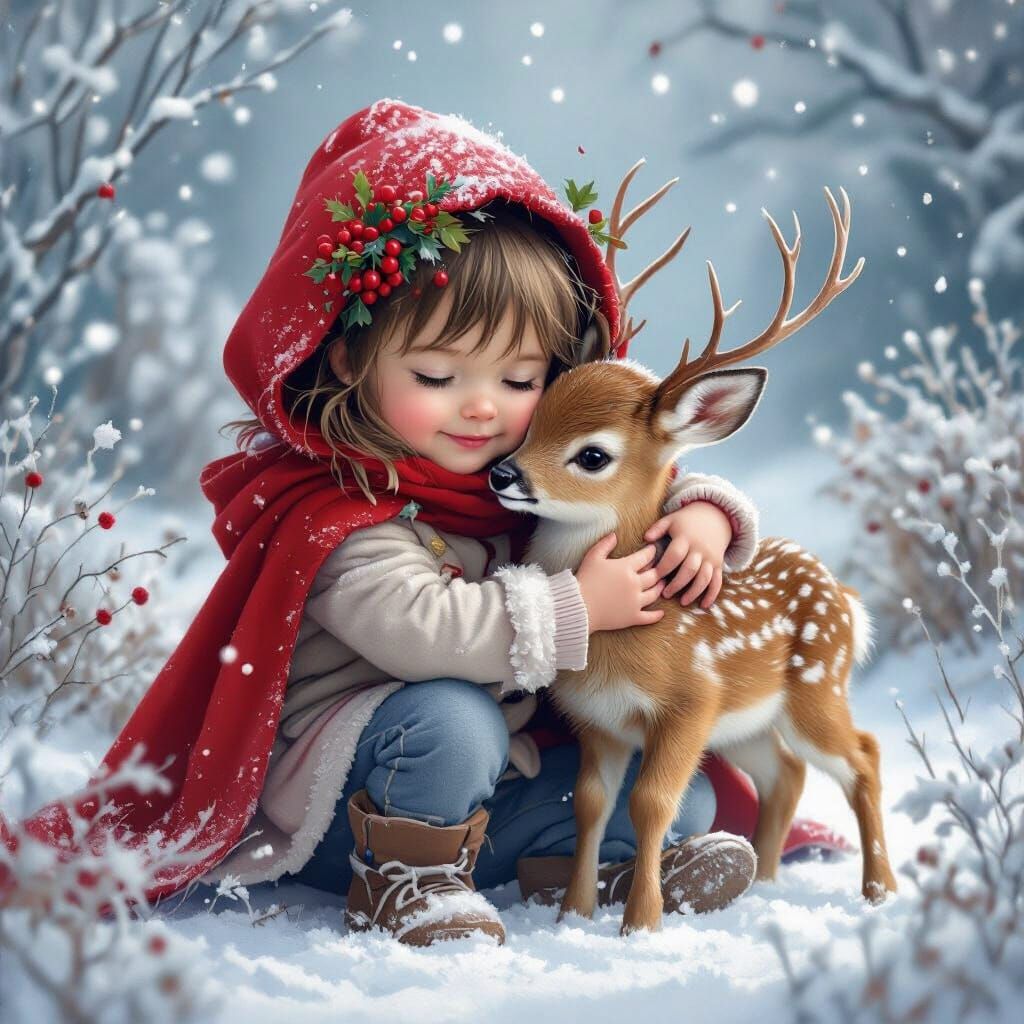 Toddler Hugs Baby Deer in Snowy Fantasy Landscape