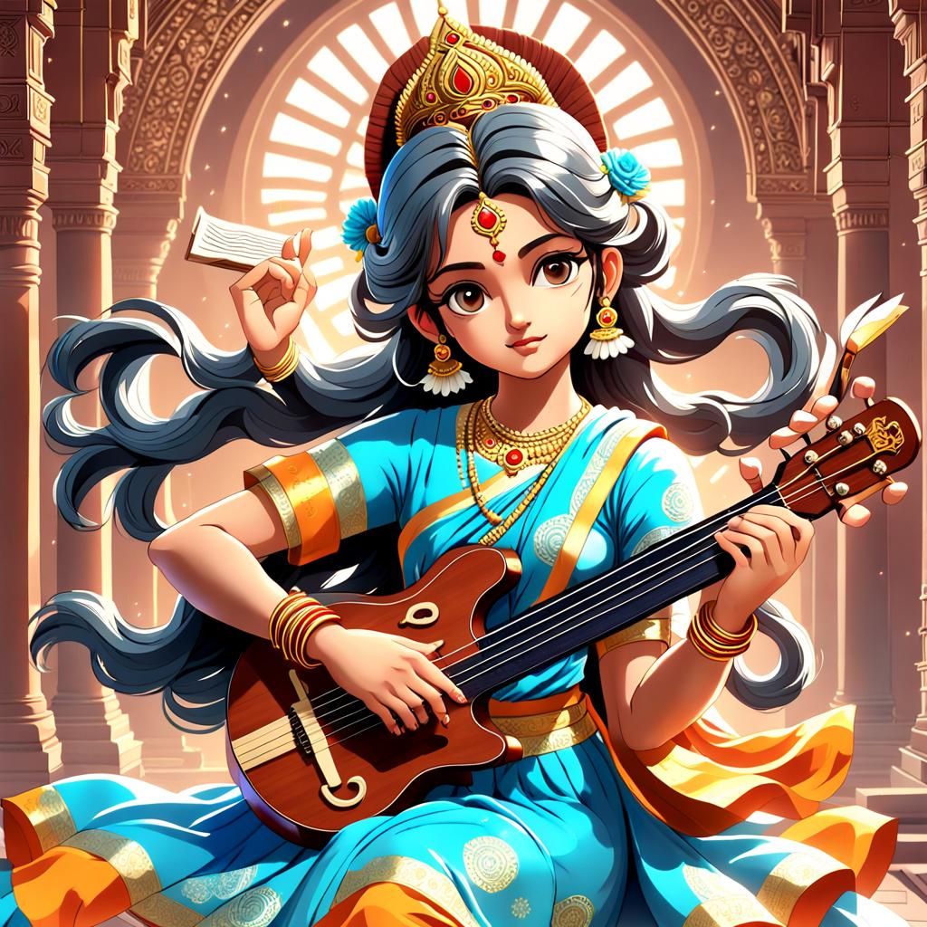 Goddess Saraswati with Veena in Anime Style