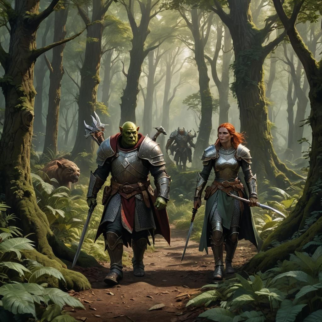 Orc Paladin and Elf Cleric in Lush Forest