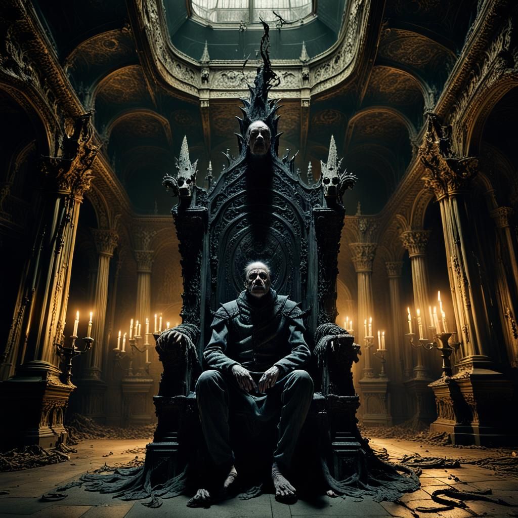 Grotesque Figure on Throne in Gothic Hall