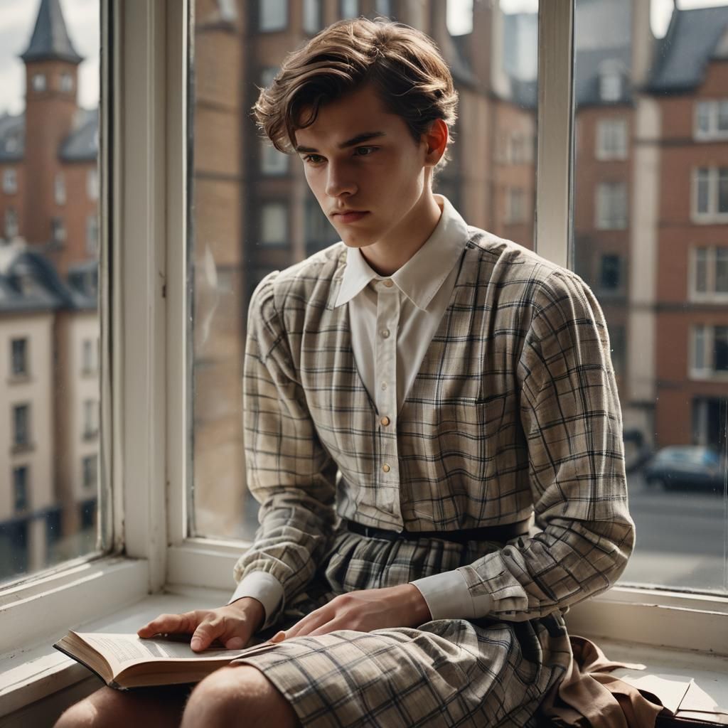 Boy in Dress on Window Ledge, Cinematic Portrait