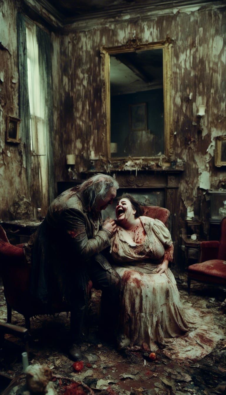 Macabre Domestic Scene: Woman Laughing at Crying Husband