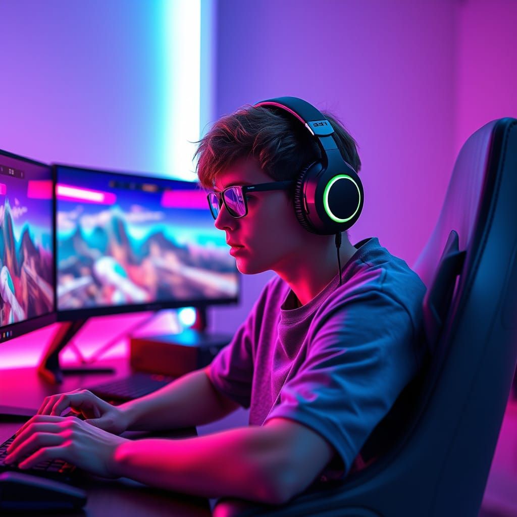 Intense Gamer in Futuristic RGB Gaming Setup