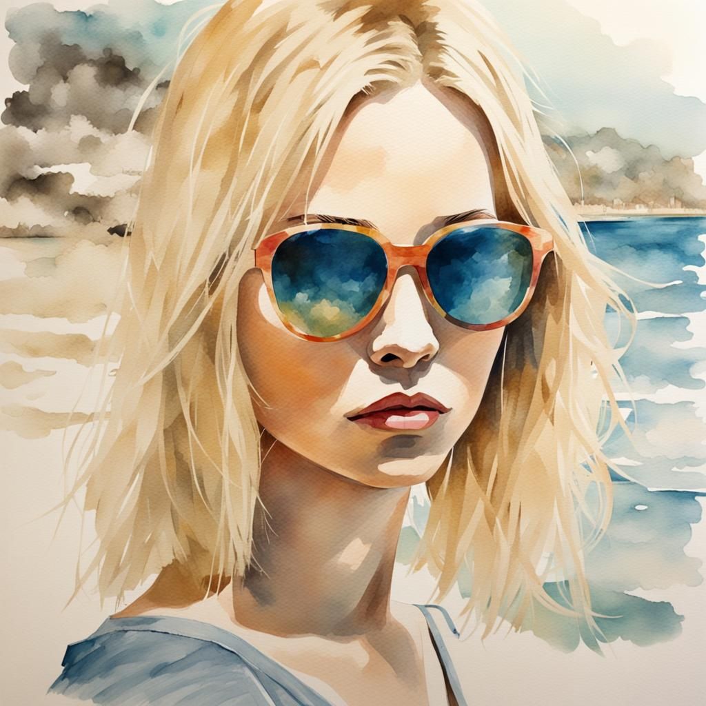 Young Girl at the Beach in Watercolour Style