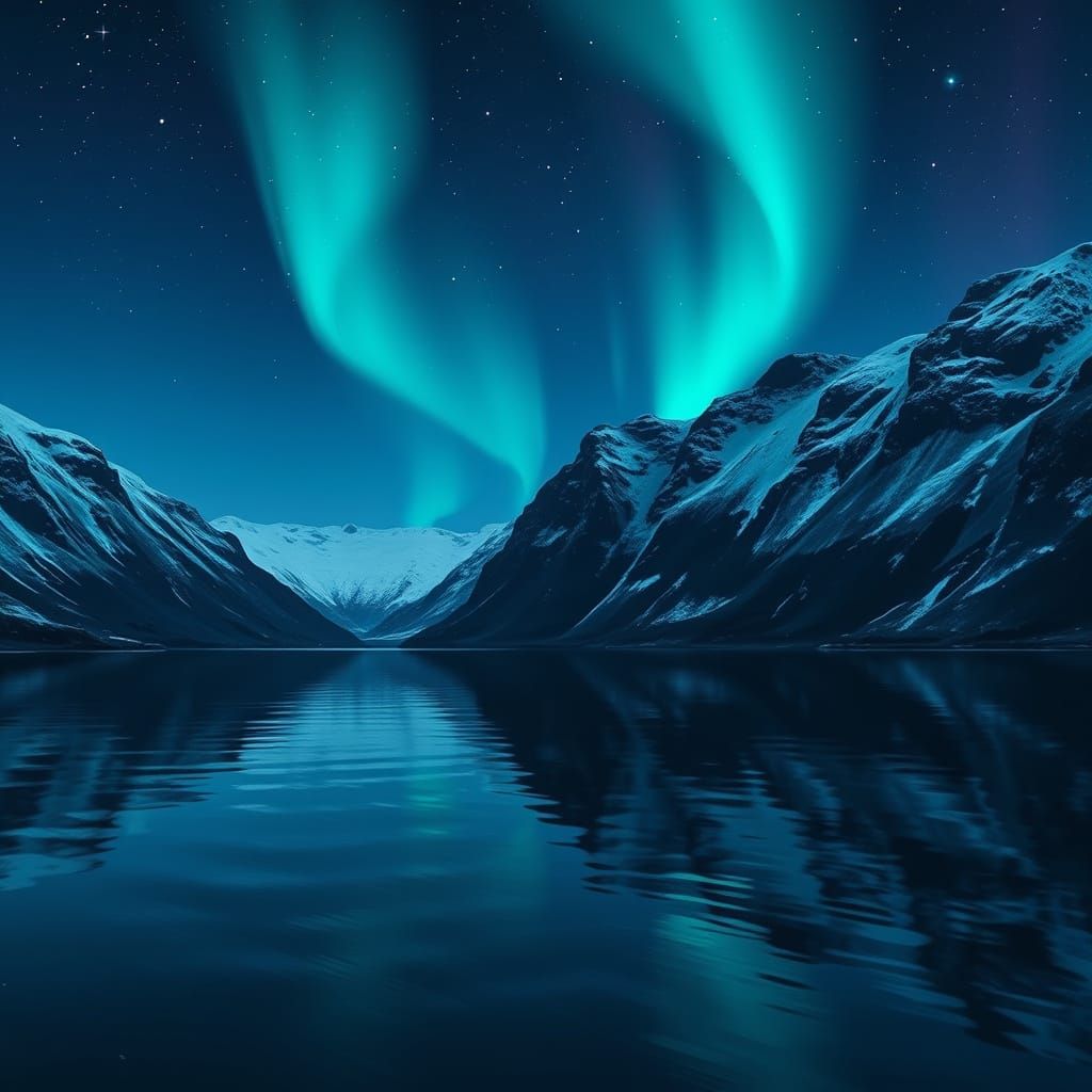 Icelandic Fjord Under Indigo Winter Sky with Aurora Borealis