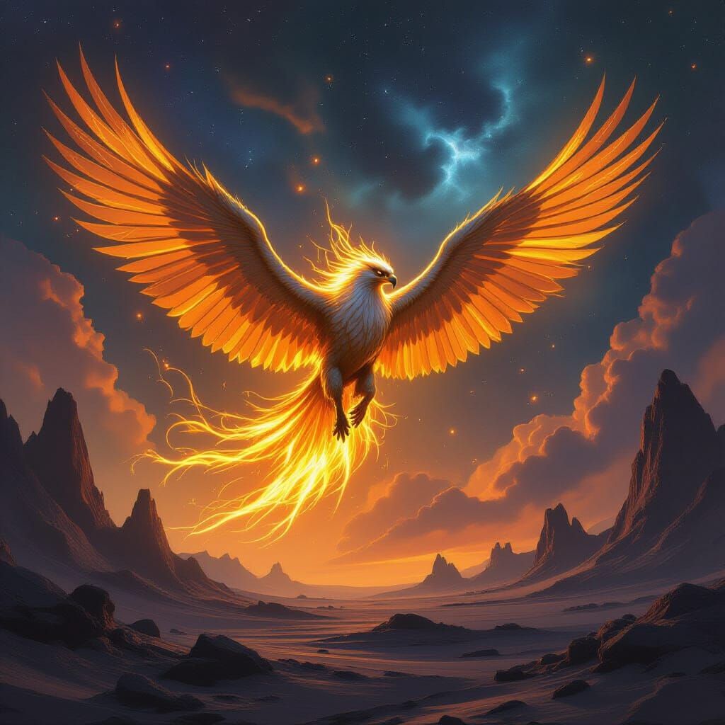 Golden Griffin Soaring Through Nebulae in Digital Art Style