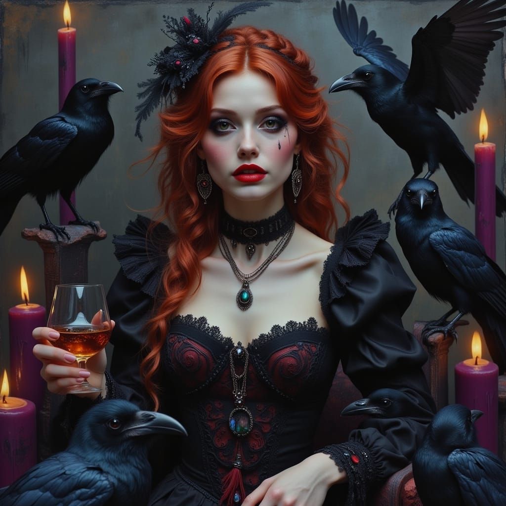 Victorian Woman with Crows in Surreal Cyberpunk Style