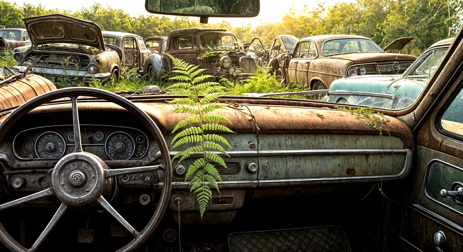 A delicate fern sprouts from the cracked dashboard of a vint...