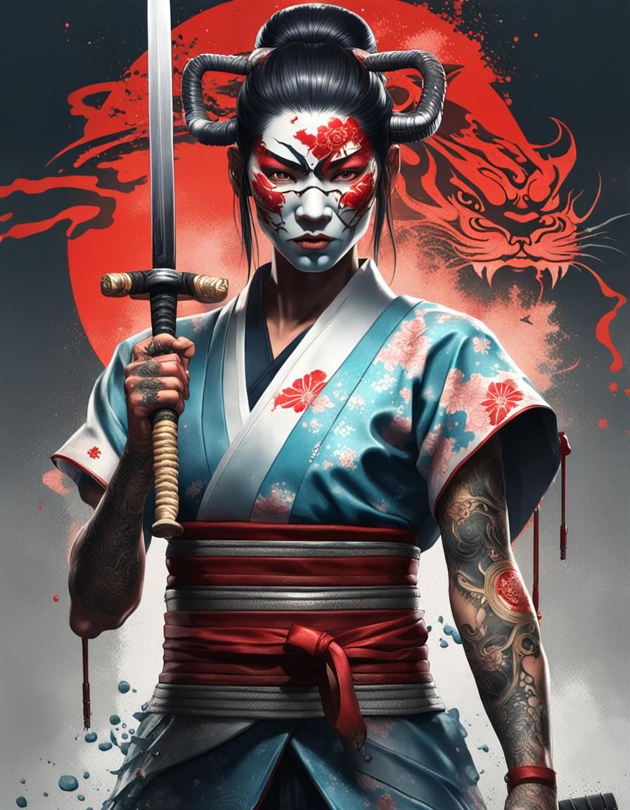 Yakuza Woman with Oni Mask and Sword