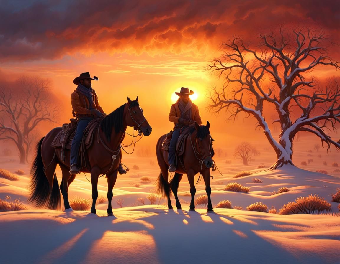 Cowboy Silhouette on Winter Prairie at Sunset